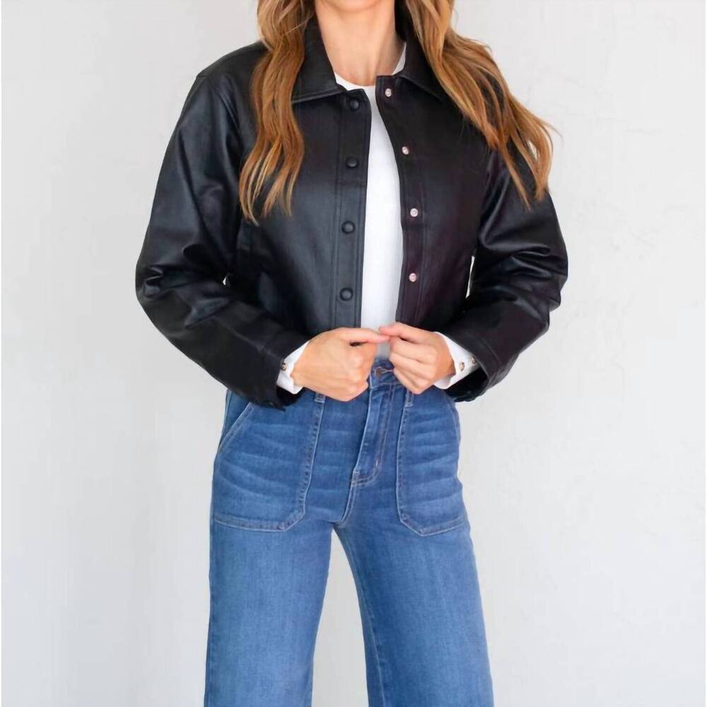NEW SAGE THE LABEL evolving vegan leather crop shacket in black